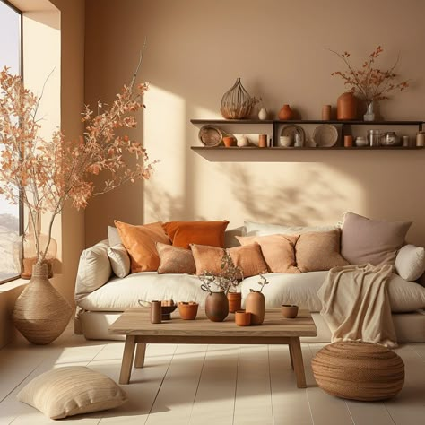 Terracotta Living Room Decor, Cosy Living Room Ideas Warm Colours, Living Room Warm Tones, Deco Cosy, Peach Living Rooms, Terracotta Living Room, Beige Living Room Decor, Earth Tone Living Room, Beige House