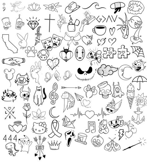 $50 Tattoo Flash Sale! Sunday Sept 8th, 11am to 6pm DON'T LIKE OUR FLASH? DM US YOUR OWN DESIGN FOR $70 (Your design should be similar to the outline designs on our flash sheet) Size: 1-2" Black ink only, extra charge for shading/color No Feet, necks, or fingers Cash Only Please! Walkins only (sorry no appointments) starting at 11am! Questions? Call 619-575-6792 or DM us! Feel free to DM us with your own flash designs for approval before the sale! Wylde Sydes Tattoo 1515 Palm Ave San Die... Patch Work Tattoo Flash Sheet, Small Tattoo Sheet, Easy Emo Tattoos, Flash Tattoos Men, Grunge Flash Tattoo, Cool Simple Tattoos Men, Tattoos With No Shading, Flash Tattoo Outline, Dark Finger Tattoos