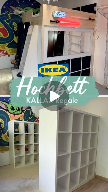 Kallax Kids Room, Wood Shelves Bedroom, Ikea Hack Kids Room, Diy Kallax, Ikea Loft Bed, Ikea Hack Kids, Coffee Diy, Ikea Kids, Painted Furniture Diy