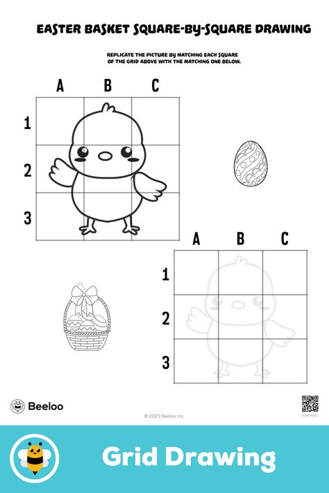 Easy springtime easter-themed grid drawing for kids ages 3 and up Easy Grid Drawing, Square Drawing, Rabbit Photos, Free Printable Activities, Easter Printables, Printable Crafts, Easter Activities, Drawing Skills, Printable Activities