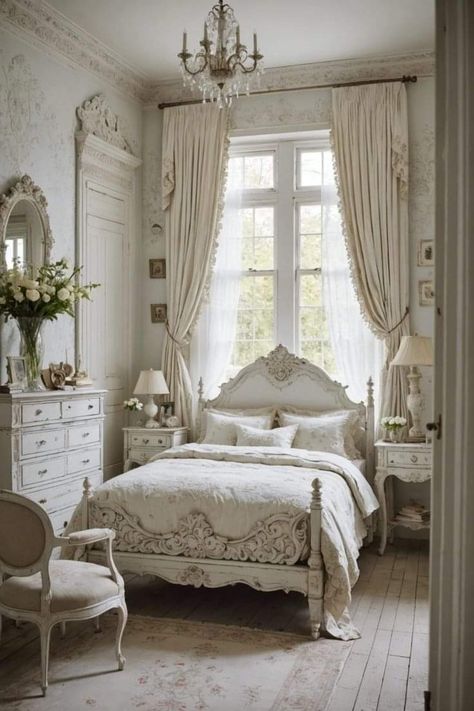 Shabby Bedroom Ideas, White Bedroom Curtain Ideas, Bedroom Ideas Victorian, French Modern Bedroom, Bedroom Back Wall Design, White Victorian Bedroom, Modern White Bedroom Ideas, French Bedroom Ideas, Victorian Bedroom Ideas