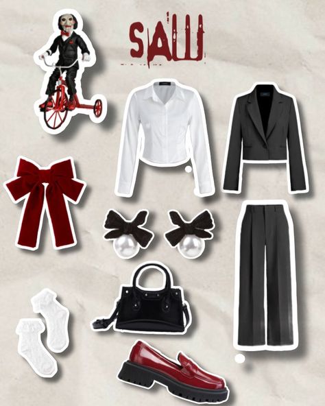 Saw outfit Saw Jigsaw Costume, Jigsaw Outfit Halloween, Diy Saw Costume Women, Halloween Jigsaw Costume, White Button Down Halloween Costume, Saw Girl Costume, Diy Jigsaw Costume Women, Jig Saw Halloween Costume, Saw Movie Costume