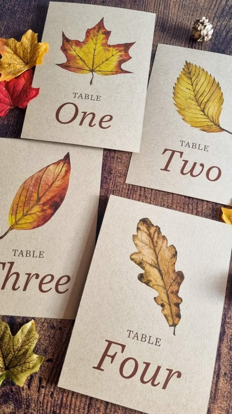 Autumn Leaves Table Numbers Leaf Table Numbers Wedding, Leaf Table Numbers, Autumn Table Numbers, Autumn Wedding Place Names, Fall Wedding Place Card Ideas, Autumn Place Cards, Autumn Wedding Ideas November, Autumnal Wedding Invites, Diy Autumn Wedding Decorations