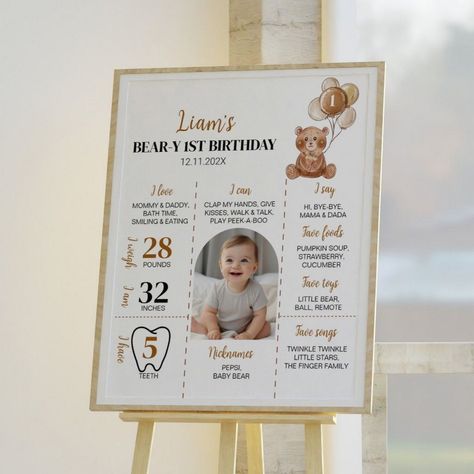 Milestone Memories: Reflective First Birthday Sign Ideas Teddy Bear First Birthday, Baby Footprints Christmas, Baby Handprint Crafts, Baby Handprint Art, Beary First Birthday, Teddy Bear Balloon, First Birthday Milestone, First Birthday Posters, Birthday Milestone Board