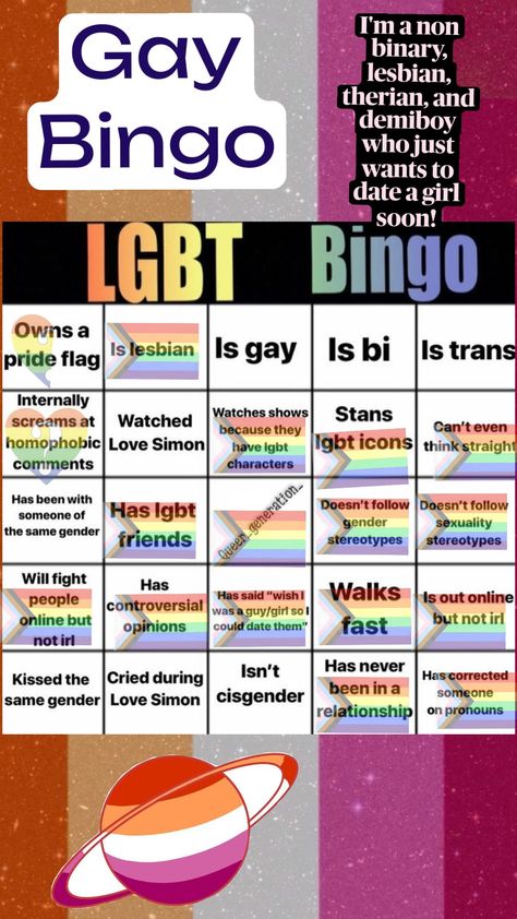 Gay Bingo 🏳️‍🌈🏳️‍🌈🏳️‍🌈 by a bisexual, she/they and questioning genderfluid 💖🏳️‍🌈 #lgbtbingo #gaybingo #bisexual #demigirl #genderfluid #lgbtq Pride Activities For Teens, Pride Activities, Gay Bingo, Trans Pride Flag, Love Simon, Activities For Teens, Trans Pride, Pride Flags, Guys And Girls