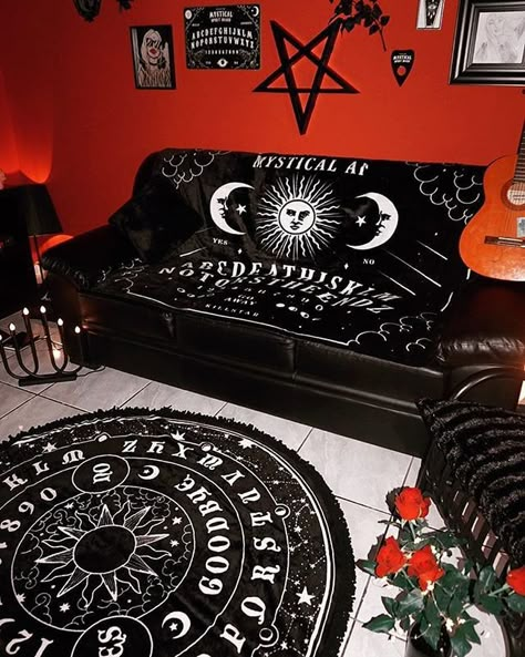 Shop this Instagram from @killstar Satanic Bedroom, Halloween Bedroom Aesthetic, Gothic Living Rooms, Aesthetic Home Decor Ideas, Horror Room, Gothic Decor Bedroom, Goth House, Goth Cottagecore, Goth Room