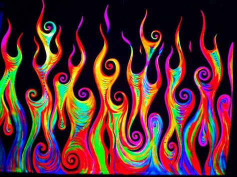 Pictures Of Flames, Fire Pattern Drawing, Rainbow Flames, Drawing Flames, Dark Rainbow, Fire Drawing, Black Light Posters, Fire Painting, Flame Art