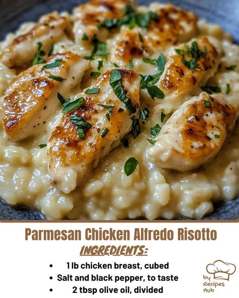 Parmesan Chicken Alfredo Risotto Chicken And Rice Risotto, Creamy Garlic Orzo Recipes, Cozy Chicken Meals, Chicken Parmesan Risotto, Risotto Recipes With Chicken, Creamy Chicken Risotto Recipe, Risotto And Chicken Recipes, Risotto Side Dish Recipes, Rizzoto Recipes Dinners