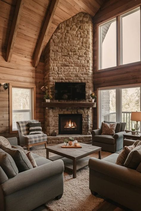 15 Cozy Corner Fireplace Living Room Ideas to Transform Your Space | by Home Decor Hub | Medium Corner Wood Burning Fireplace Ideas, Rustic Corner Fireplace Ideas, Cathedral Ceiling Fireplace Ideas, Fireplace In Great Room, Corner Stone Fireplace Living Room, Cozy Great Room With Fireplace, Four Sided Fireplace, Corner Rock Fireplace, Fireplace In Center Of Room