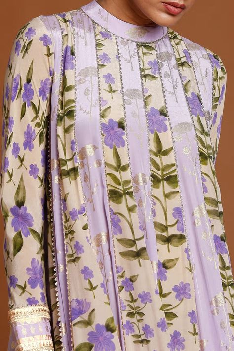 Lavender Anarkali, Long Kurti Patterns, Embroidery Dress Pattern, Beige Embroidery, Printed Garments, Latest Designer Dresses, Accessories For Wedding, Printed Anarkali, Kurta Patterns