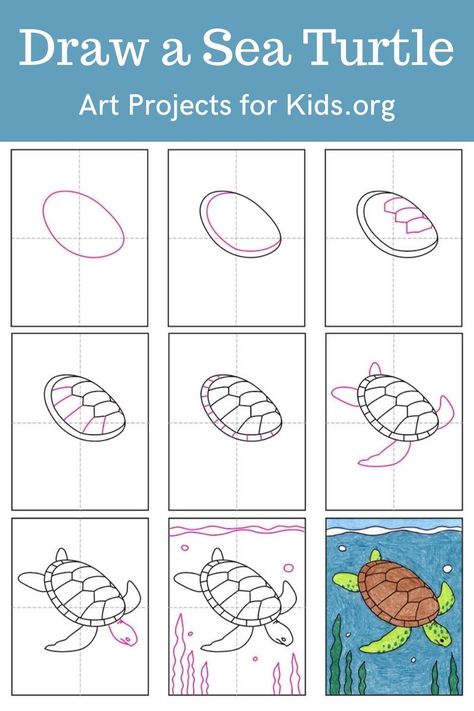 Learn how to draw a Sea Turtle with an easy step-by-step PDF tutorial.    #howtodraw #drawing #drawingtutorial #arttutorial #artprojectsforkids #howtodrawforkids #seaturtle How To Draw A Turtle, Camp Painting, Draw A Sea Turtle, Van Gogh Coloring, Nims Island, Turtle Activities, Sea Turtle Drawing, Artist Monet, Turtle Coloring