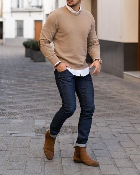 Outfit with chelsea boots Mens Fall Outfits, Chelsea Boots Men Outfit, Chelsea Boots Outfit, Boots Men Outfit, Sweater Outfits Men, Boots Outfit Men, Jeans Outfit Men, Mens Business Casual Outfits, Herren Style