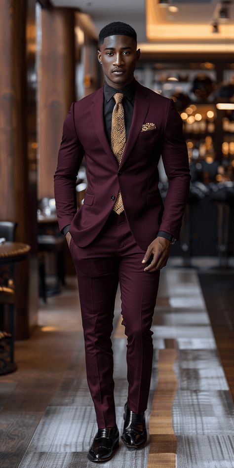 Wedding Day Dress To Impress For Men: Bold and Bright Suit Red Black And Gold Mens Suit, Men’s Wedding Outfit Casual, Chocolate Suits For Men, Jewel Tone Wedding Suit, Burgundy Mens Outfit, Burgundy Groom Suit And Groomsmen, Black And Maroon Suit, Burgundy Prom Suit, Suits For Black Men