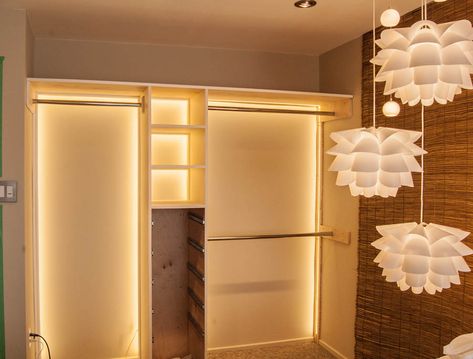 Makeshift closet with lights Closet With Lighting, Closet Room Lighting, Closet Cabinet Lighting, Led Lights In Closet Diy, Lights In Closet Ideas, Led Lights Wardrobe, Reach In Closet Lighting, Diy Closet Lighting, Wardrobe With Lights Inside