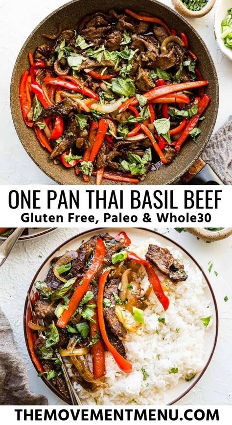 This one pan Thai basil beef stir fry recipe is the perfect weeknight meal for the whole family and is made in under 30 minutes. It is a stir fry that is whole 30 made with bell peppers, onions, and skirt steak. It tastes authentic and is incredibly easy and flavorful. #thaibasilbeef #whole30recipes #lowcarb #keto #movementmenu Basil Beef Stir Fry, Beef Stir Fry Recipe, Basil Beef, Thai Basil Beef, Easy Whole 30 Recipes, Keto Beef Recipes, Whole 30 Diet, Meal Prep Clean Eating, Stir Fry Recipe