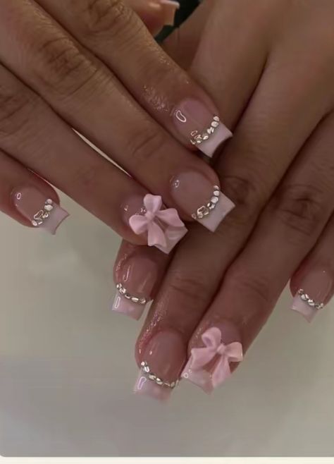 Small Square Nails Ideas, Cute Pink Nails Ideas, Pink Nail Designs French Tips, Nail Inspo Pink Short, Cute Nails Coquette, Nail Inspo Short French Tip, 2000 French Tip Nails, Nail Ideas Pink Short, Kid Acrylic Nails