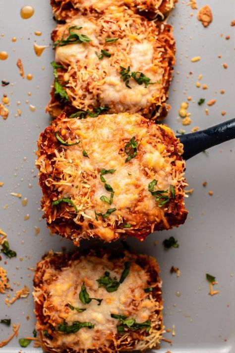 This Breaded Tofu Parmesan is pan-fried until crispy then baked until bubbly with a generous layer of marinara and vegan mozzarella. Get ready to dig in! Vegan, Gluten-Free Option. Tofu Parmesan, Breaded Tofu, Parmesan Spaghetti, Gluten Free Panko, Tofu Marinade, Grain Free Vegan, Anyone Can Cook, Vegan Parmesan Cheese, Vegan Mozzarella