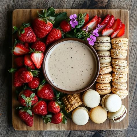 Vanilla bean dipping sauce with Strawberries - Cream Filled Churros Dessert Dipping Sauce, Ice Cream Sundaes Toppings, Filled Churros, Food Gift Box, Fresh Fruit Cake, Dessert Dip, Churros Recipe, Diy Food Gifts, Mobile Catering