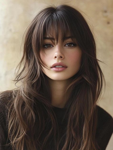 Long hair with bangs is the ultimate combination! Dive into 33 gorgeous haircuts that blend length and fringe for a show-stopping effect. Whether you prefer wispy bangs or a bold statement fringe, these styles offer versatility and flair. Find your perfect long hairstyle with bangs and make a lasting impression. Volume Bangs Hair, Hair With Long Fringe, Long Bangs Glasses, Long Hair Bangs Square Face, 2 Way Bangs, Fringe Haircut Women Long, Haircut Style 2024, Glam Hairstyles With Bangs, Long Layered Hair With Fringe Bangs Face Framing