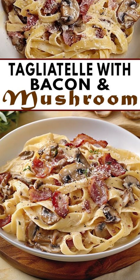 Craving a comforting pasta dish? This Tagliatelle with Bacon and Mushrooms is the perfect blend of savory flavors and creamy goodness! 🍝 In just 30 minutes, you can whip up this easy recipe that’s perfect for weeknight dinners or impressing guests. ✨ 👉 Don’t miss out! Save this Pin for your next dinner party and share it with your foodie friends! ✨ Join the culinary adventure! 🍽️ #PastaRecipe #Tagliatelle #BaconAndMushrooms #EasyDinners #ComfortFood Brussel Sprouts With Pasta, Mushroom Pancetta Pasta, Mushroom Bacon Pasta, Bacon And Mushroom Pasta, Bacon Mushroom Pasta, Tagliatelle Recipe, Bacon Pasta Recipes, Alfredo Recipes, Pancetta Pasta