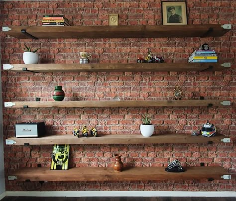 Scaffold Board Shelves Bedroom, How To Hang Shelves On Brick Wall, Floating Shelves Brick Wall, Brick Wall Shelving, Brick Wall Bookshelves, Long Rustic Shelves, Scaffolding Board Shelves, Tv Wall With Library, Brick Wall With Shelves