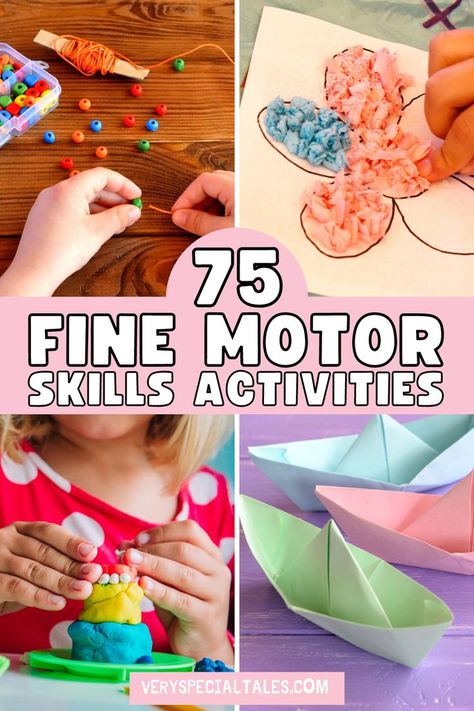 examples of fine motor skills activities like playing with play dough, threading beads, origami or paper crafts Fun Fine Motor Activities For Kindergarten, Small Motor Skills Kindergarten, Fine Motor Activities Elementary School, Activities To Strengthen Fine Motor, Games For Motor Skills, Small Muscle Activities For Preschoolers, Fine Motor Outdoor Activities, Fine Motor Sorting Activities, Fine Motor Activities For Three Year Old