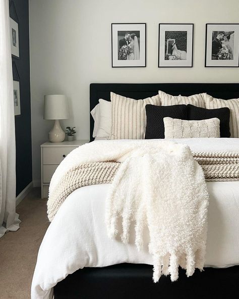 Black Headboard White Furniture, Black Bed White Nightstand, Black White And Beige Bedroom Minimalist, Guest Room Black Bed, Black Pillows On Bed, White Bedding Black Accents, Black Bed Pillows, Black Bed With White Bedding, Black Bed Frame White Bedding