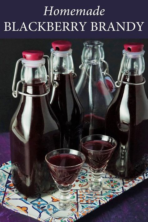 A tray with bottles and glasses filled with blackberry brandy Homemade Blackberry Brandy, Homemade Blackberry Liquor, Best Brandy Liquor, Blackberry Liquor Recipe, Fruit Brandy Recipes, Fruit Liquor Recipes, Blackberry Mead Recipe, Homemade Brandy Recipes, Blackberry Brandy Recipe