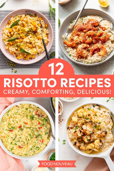 Risotto is the perfect dish to serve on cooler nights. The classic Italian dish is a blank canvas that can spark your creativity and these 12 delicious, creamy risotto recipes will inspire you! Main Dish Risotto Recipes, Savory Risotto Recipes, Cajun Risotto Recipes, Christmas Risotto, Creamy Risotto Recipes, Risotto Dinner Ideas, Risotto Recipes Parmesan, Risotto Dinner Recipes, Healthy Risotto Recipes