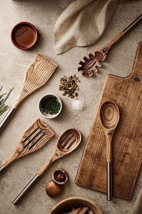 Hoxton 5-Piece Utensil Set by Barbary & Oak Homeware Aesthetic, Kitchen Utensils Aesthetic, Oak Aesthetic, Wooden Utensils Set, Wood Aesthetic, Wood Utensils, Wooden Kitchen Utensils, Slotted Spoon, Coconut Bowl