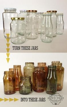 Tinted Mason Jars, Koti Diy, Recycled Jars, Diy Jar Crafts, Mason Jar Crafts Diy, Pickle Jars, בר מצווה, Jar Diy, Jam Jar