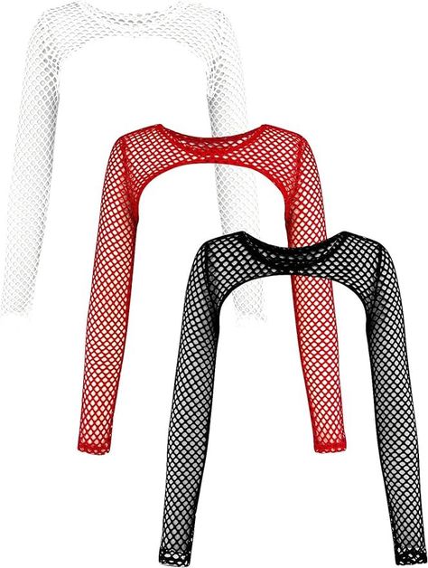 Verdusa Women's 3 Piece Hollow Out Fishnet Mesh Crop Top Long Sleeve Beach Cover Up at Amazon Women’s Clothing store Cropped Fishnet Top, White Fishnet Top, Fishnet Sleeves, Skz Concert, Techno Outfit, Fishnet Crop Tops, White Fishnets, Crop Top Long Sleeve, Neon Outfits