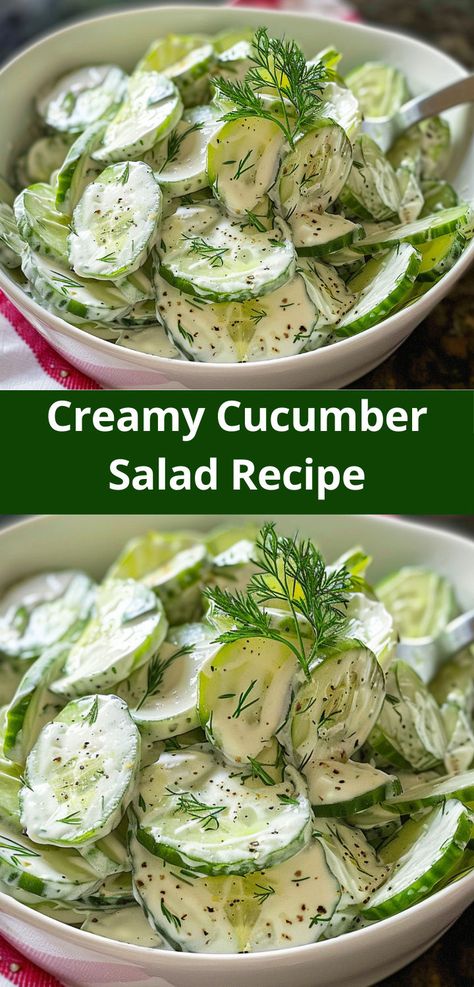 Delicious Creamy Cucumber Salad with creamy dressing. A refreshing and easy side dish! Broccoli Salad Recipe Healthy, Cucumber Salad Creamy, Salad With Creamy Dressing, Cucumber Salad Dressing, Carrot Recipes Side Dishes, Salad Recipes With Bacon, German Cucumber Salad, Crock Pot Roast, Cold Pasta Salad Recipes