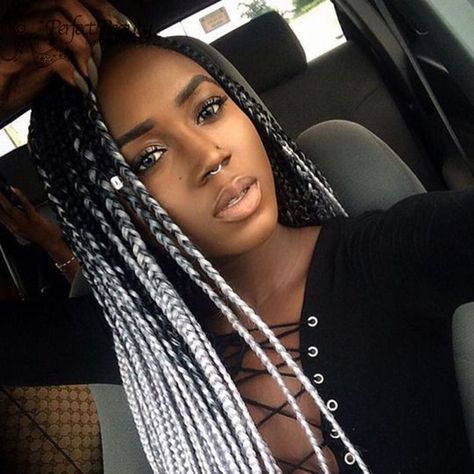 Black light grey (Ombre/ gradient) braids on dark skin (Clear brunette complexion) Goodness Braids, Boxbraids Hairstyle, Grey Box Braids, Ombre Box Braids, Trendy We Fryzurach, Colored Box Braids, Rihanna Hairstyles, Poetic Justice Braids, Blonde Box Braids