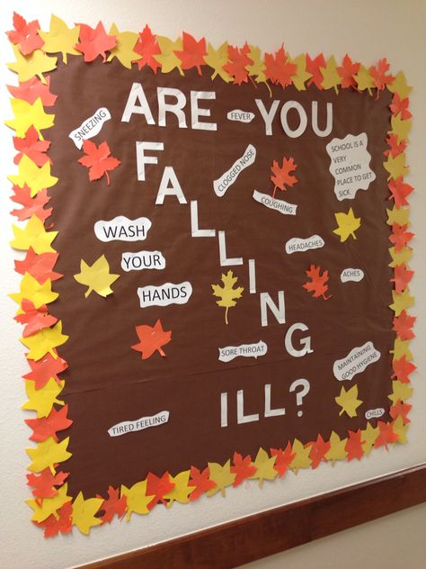 Fall bulletin board Fall Health Bulletin Board Ideas, Medical Office Fall Decorations, Fall Nurse Bulletin Board, School Nurse Fall Bulletin Boards, Fall Health Bulletin Boards, Fall School Nurse Bulletin Board Ideas, Medical Bulletin Board Ideas, Fall Office Decor Work, Nurse Bulletin Board Ideas