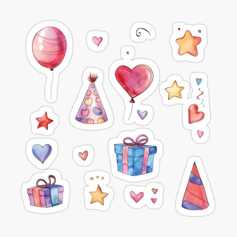 Get my art printed on awesome products. Support me at Redbubble #RBandME: https://www.redbubble.com/i/sticker/Birthday-Heart-Balloons-Gifts-Party-Hat-Stars-Collage-Bundle-by-dalia53/159158602.EJUG5?asc=u Happy Birthday Scrapbook Stickers, Birthday Journal Stickers, Birthday Stickers Aesthetic, Birthday Heart Balloons, Stars Collage, Balloon Stickers, Birthday Heart, Birthday Party Stickers, Watercolor Birthday