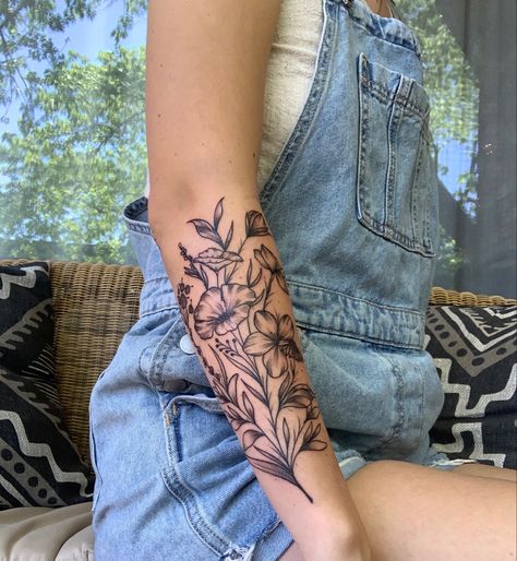 Half Sleeve Of Flowers, Different Flower Tattoos Half Sleeves, Wildflower Forearm Sleeve, Black And White Floral Arm Tattoo, Half Sleeve Women Tattoo Classy, Women’s Half Sleeve Tattoo Forearm, Mom Half Sleeve Tattoo Ideas, Floral Outer Forearm Tattoo, Flower Lower Arm Tattoo Half Sleeves