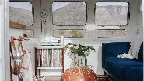 Boho Tiny Home, Cozy Boho Home, Blue Couch Living Room, Airstream Living, Ikea Pillows, Airstream For Sale, Brown Recluse, Saved Money, Airstream Interior