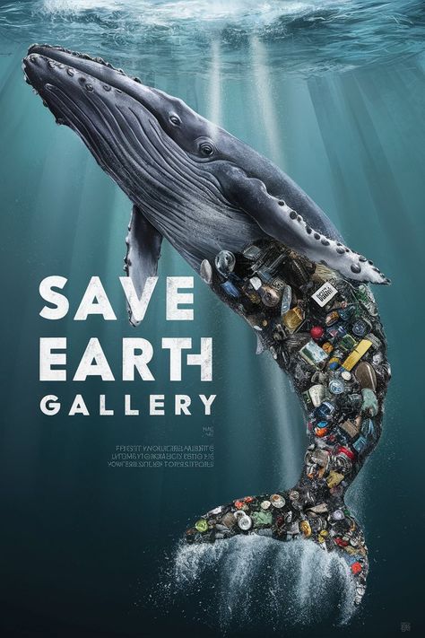 An awe-inspiring 3D render by white bold letters: 'Save Earth Gallery', showcasing a powerful statement about the devastating impact of human activity on marine life and the environment. A majestic whale emerges from the sea, its torso and head rendered with lifelike detail, while its tail is a harrowing mosaic of trash and debris—plastic bottles, cans, and more. This compelling artwork combines illustration, painting, typography, conceptual art, and wildlife photography to create a captivating Save The Ocean Posters Design, Poster About The Environment, Climate Poster Ideas, Save Marine Life Poster, Life Below Water Poster, Save Wildlife Poster Ideas, Environment Poster Design, Animal Protection Poster, Save The Earth Poster