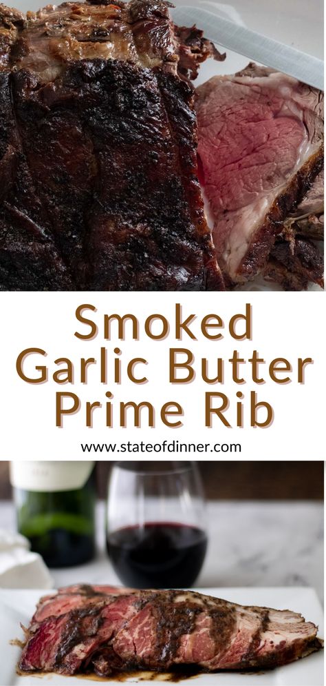 Smoked prime rib that is carved, showing the rare marbled inside. Garlic Butter Prime Rib Recipe, Garlic Butter Prime Rib, Garlic Herb Prime Rib, Smoked Prime Rib Roast, Smoked Prime Rib, Herb Butter Recipe, Prime Rib Roast Recipe, Holiday Dinner Recipes, Cooking Prime Rib