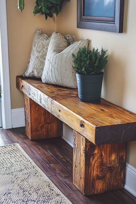 "Add rustic charm to your home with a DIY Rustic Wood Bench! 🛠️🪑 Perfect for creating a functional and stylish piece of furniture. 🌟✨ #RusticBench #DIYProjects #WoodCrafts" Old Lumber Ideas Diy Projects, Raw Wood Furniture Diy, Rustic Bench Bedroom, Diy Rustic Wood Bench, Small Furniture Ideas, Diy Wood Decor Ideas, Rustic Entry Bench, Entryway Bench Diy, Wooden Bench Diy