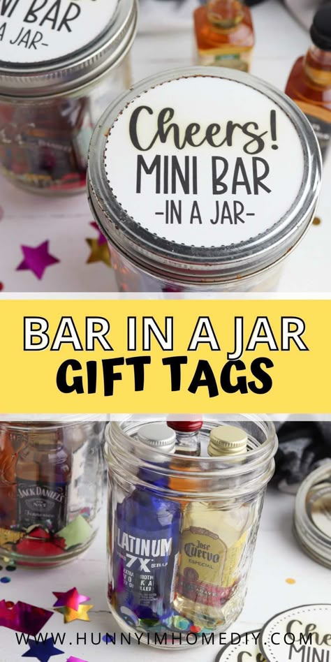 This DIY mini bar gift is one of the best mason jar crafts to make for any occasion! From bachelor or bachelorette gifts to presents for teachers at the end of the school year, this easy gift in a jar is perfect. Make it with mini liquor bottles, then add the free printable label gift tag on top to create a thoughtful gift for friends and neighbors. Diy Alcohol Gift Basket Ideas, Drink Gift Ideas Alcohol Friends, Diy Christmas Gifts Alcohol, Mini Shots Gift Ideas, Margarita In A Jar Gift, Diy Mini Bar In A Jar Gift Ideas, Cocktail Gifts Mini, Diy Mason Jar Cocktail Gifts, Mini Jar Crafts