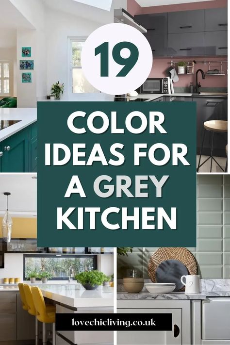 Are you wondering how to add color to a grey kitchen? We've rounded up 19 inspiring suggestions for brightening up grey kitchen cabinets. From barstools, to accent walls, to color combinations, schemes and palettes we've a range of ideas for every budget. Cabinet Color With Gray Countertop, Diy Kitchen Color Scheme, Modern Kitchen Colours Combination, Gray Kitchen Accent Color, Grey Kitchen Accent Colors, Gray Kitchen Cabinets Floor Color, What Colour To Paint Kitchen Walls, Grey Colour Kitchen Cabinets, Gray And White Kitchen With Pop Of Color