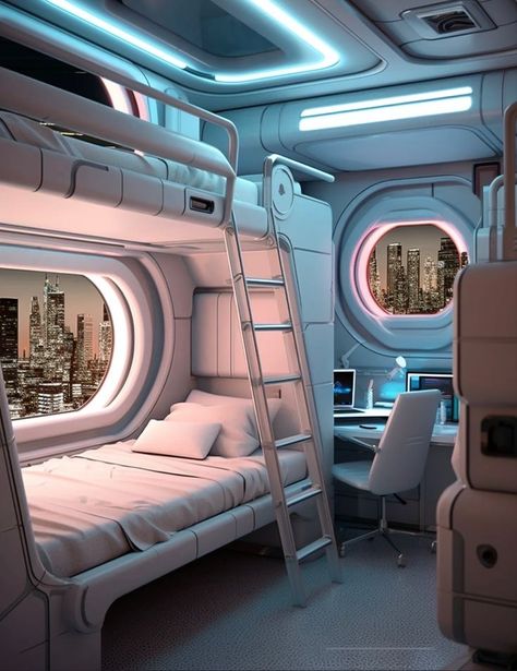 Spaceship Interior Design Concept Art, Futuristic Room Aesthetic, Spaceship Interior Bedrooms, Spaceship Room, Sci Fi Bedroom, Scifi Room, Sci Fi House, Cyberpunk House, House 2 Bedroom