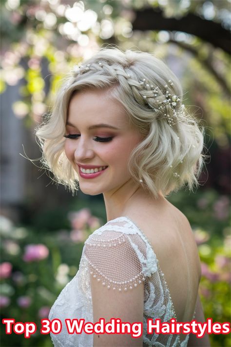 Embrace simplicity and elegance with this romantic short hair wedding hairstyle. Perfect for brides looking to showcase their beautiful features, this style combines soft waves and delicate hair accessories for an enchanting look. Whether you prefer a sleek bob or textured pixie, short hair wedding hairstyles offer versatility and charm. Elevate your bridal experience with this timeless choice! #weddinghairstyles #shortbridehair #bridalbeauty Bob Hair Bride Wedding, Bob Hairstyles For Brides, Wedding Hairstyles For Really Short Hair, Short Hair Down Wedding Styles, Chin Length Hair Wedding, Wedding Hair Short Updo, Shorter Wedding Hairstyles, Short Wedding Hair With Tiara, Short Romantic Hair