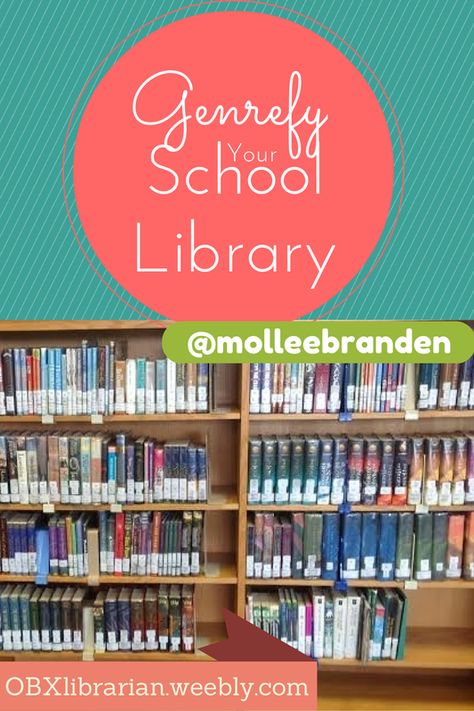 Learn how to organize your media center by GENRE at obxlibrarian.weebly.com/blog and follow me on twitter @molleebranden   #Genrefy Library Assistant, Elementary Librarian, School Library Displays, Middle School Libraries, Elementary School Library, Library Organization, High School Library, Information Literacy, Library Science