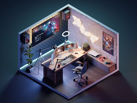 Streaming Room by Roman Klčo on Dribbble Streaming Room Design, Streaming Room Ideas, Isometric Rooms, Streaming Room, Isometric Room, Small Game Rooms, Tech Room, Creative Market Design, 3d Room