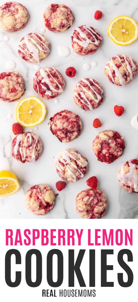 Raspberry Lemon Cookies are cake-like treats bursting with sweet tart flavors! This quick and simple recipe also makes a lot to feed a crowd! #Realhousemoms #raspberry #lemon #cookies #lemoncookies #sugarcookies #dessert #cookiemonster #thanksgiving #christmascookies #holidays #30minorless Lemon Raspberry Cookies Recipe, Raspberry Lemon Cookies, Raspberry Cookie Recipes, Lemon Raspberry Cheesecake, Raspberry Cheesecake Cookies, Tart Flavors, Spring Recipes Dessert, Lemon Cookies Recipes, Raspberry Desserts