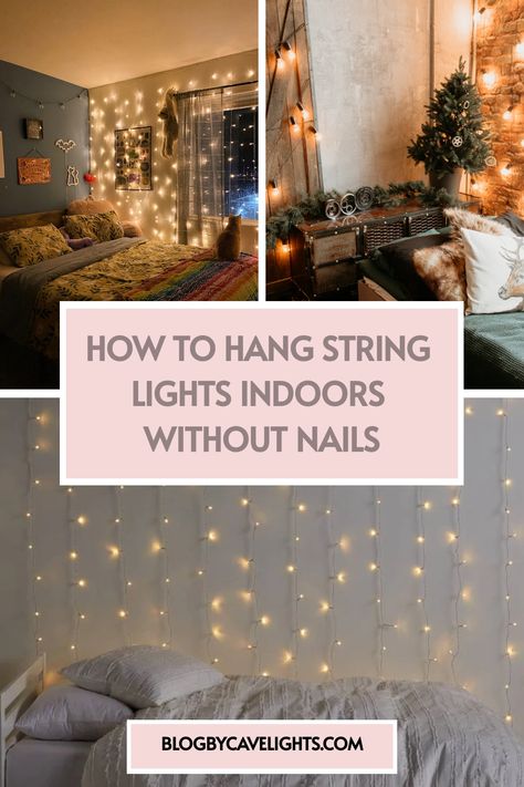 ✨ Elevate your decor with stunning indoor string light ideas! Learn how to hang string lights in your living room and bedroom without a single nail. Tap to uncover these genius hacks now! 📲 How To Hang Christmas Lights In Bedroom, Office With Fairy Lights, How To Hang Fairy Lights On A Wall, Led Lights In Bedroom Ideas, How To Hang Curtain Lights, How To Hang Lights In Bedroom, String Light Bedroom Ideas, How To Hang Led Lights In Bedroom, Curtain Fairy Lights Bedroom