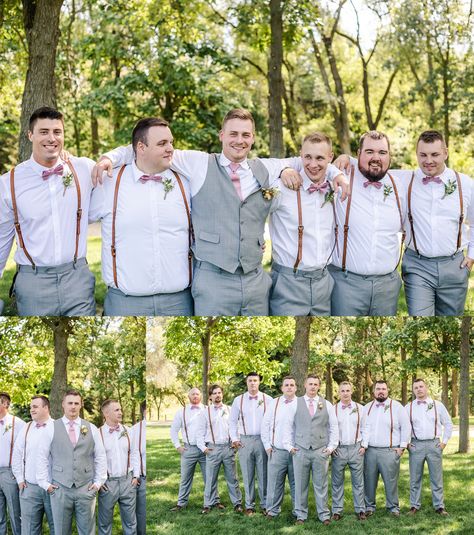 Light Gray Groomsmen Suits Suspenders, Grey Pants And Suspenders Wedding, Gray Groomsmen Attire, Groomsmen Attire Suspenders, Grey Suit Pink Tie, Groomsmen Attire Grey, Purple Gray Wedding, Gray Groomsmen, Leather Suspenders Wedding